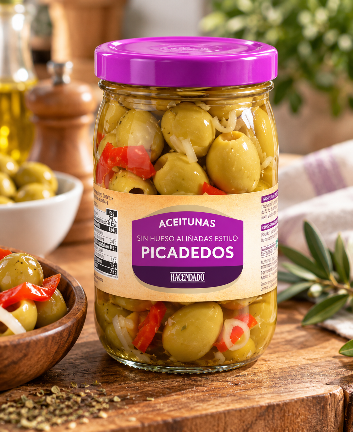 Hacendado Picadedos Seasoned Pitted Green Olives | Jar 710 g