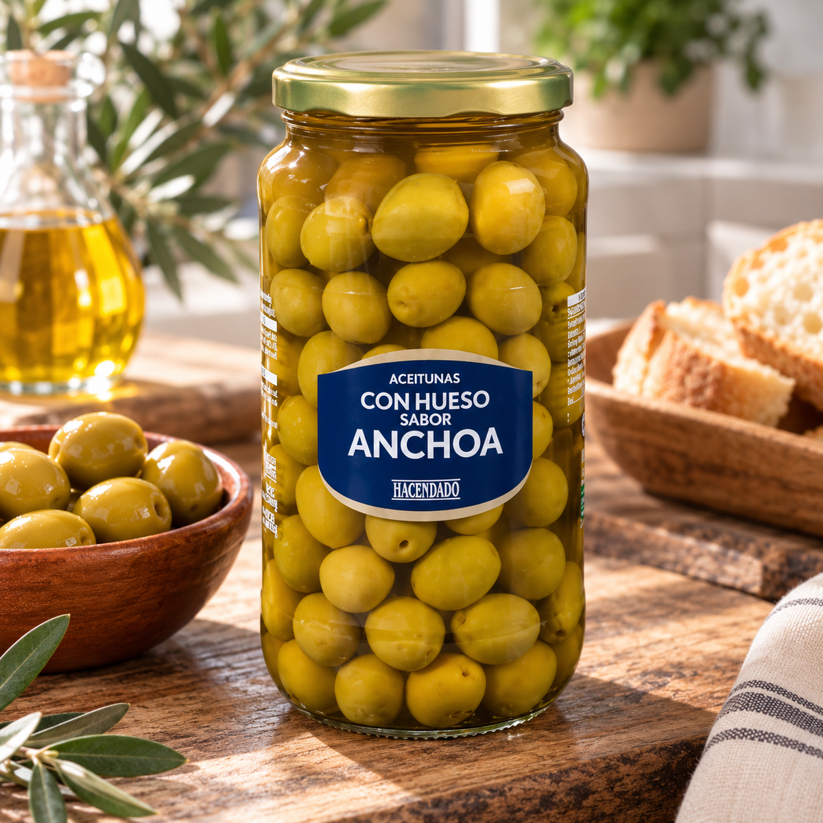 Oliwki manzanilla o smaku anchois Hacendado, z pestką | Słoik 935 g (530 g po odsączeniu)
