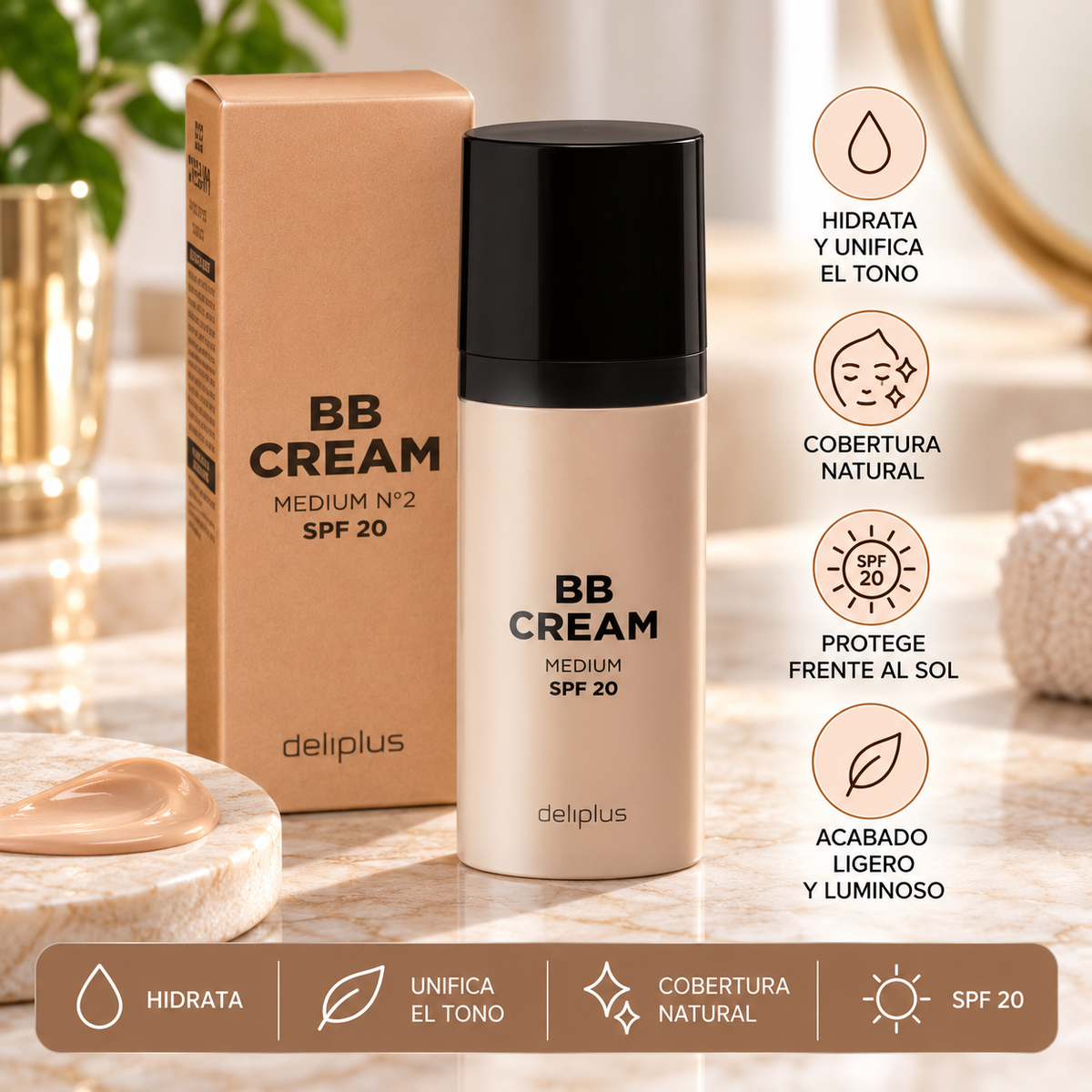 Хидратиращ BB крем за лице Deliplus 02 среден SPF 20 | Флакон 50 мл