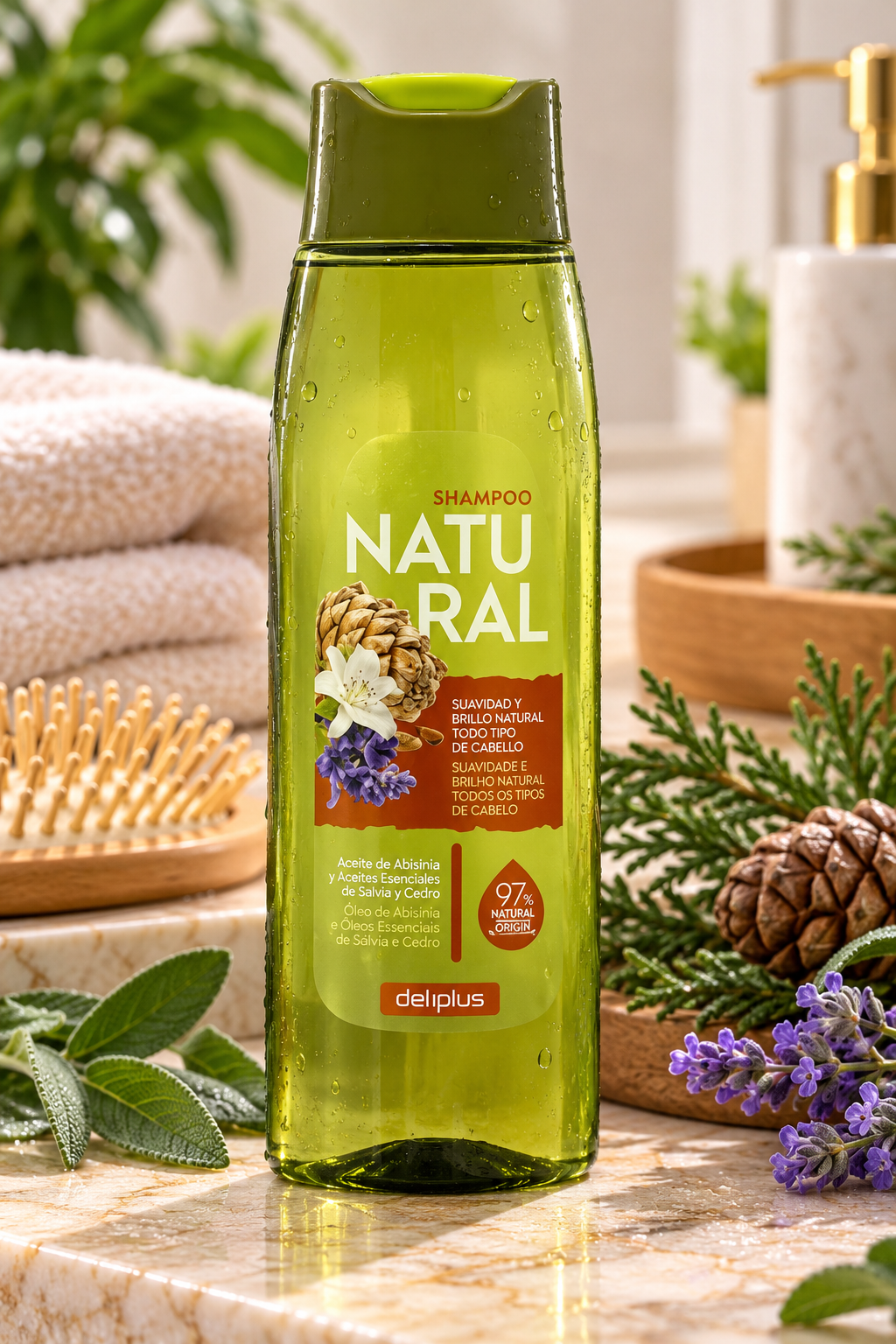 Szampon Natural Deliplus do każdego rodzaju włosów z ekstraktem z lipy oraz olejkami eterycznymi z szałwii i cedru, 97% składników pochodzenia naturalnego | Butelka 400 ml