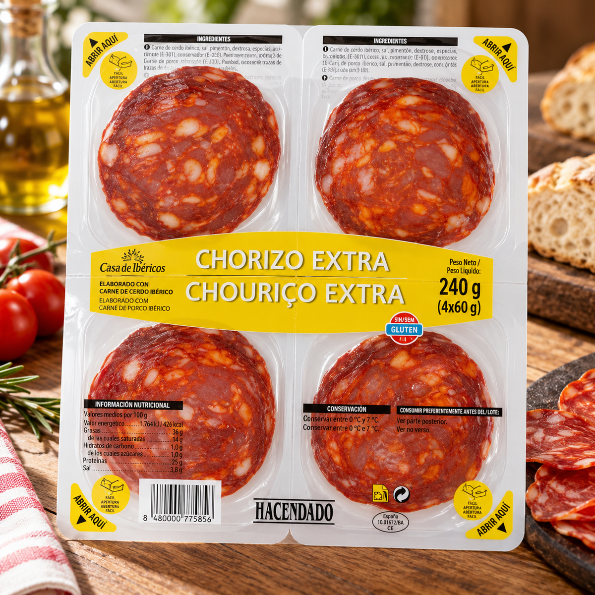 Chorizo extra Hacendado lonchas | 4 paquetes x 60 Gramos