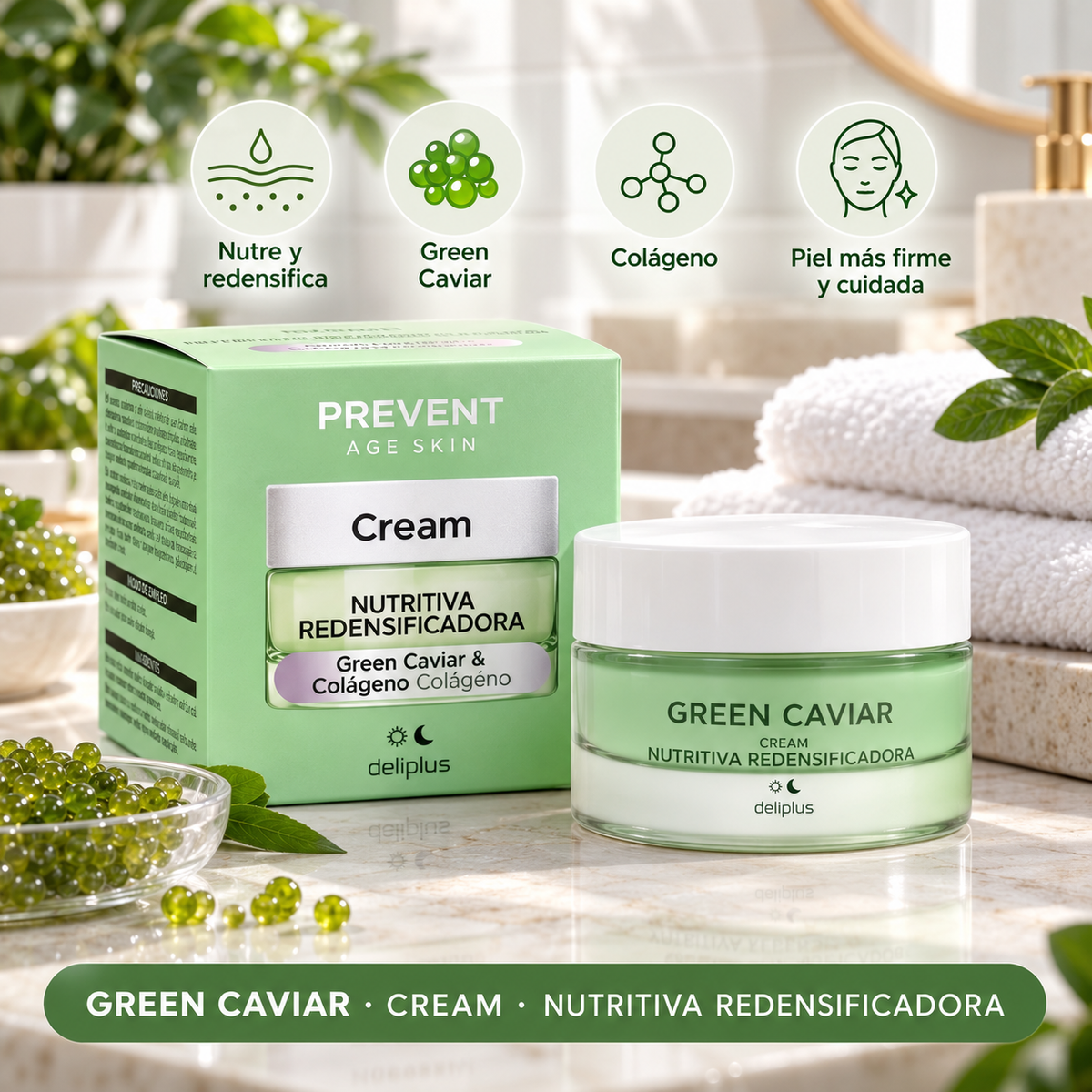 Voedende en verdichtende gezichtscrème Prevent Age Skin Deliplus Green Caviar en collageen voor de normale en droge huid | Pot 50 ml