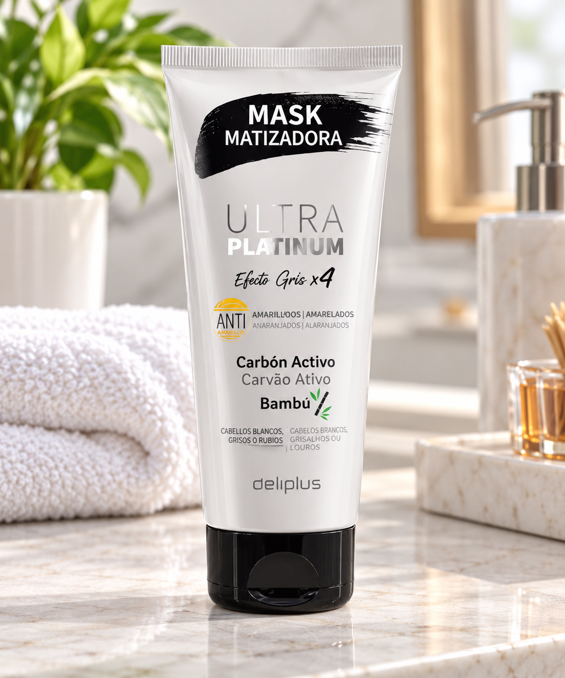 Ultra Platinum Mask Deliplus für graues, blondes und blondiertes Haar mit Aktivkohle aus Bambus, reduziert Gelbstiche | Dose 200 ml