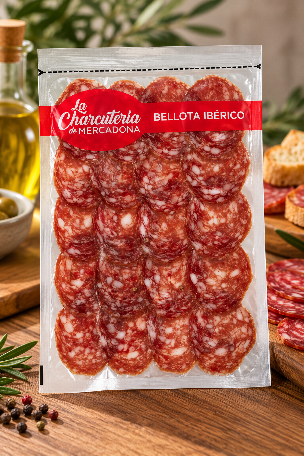 Salchichón de bellota ibérico cortado a máquina envasado al vacío