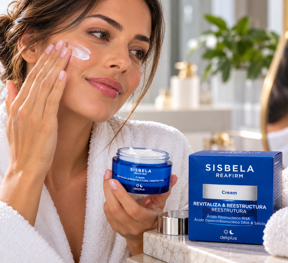 Crème visage Revitaliza y Reestructura Sisbela Reafirm Deliplus avec acide ribonucléique (ARN), acide désoxyribonucléique (ADN) et silicium, pour tous types de peaux | Pot 50 ml
