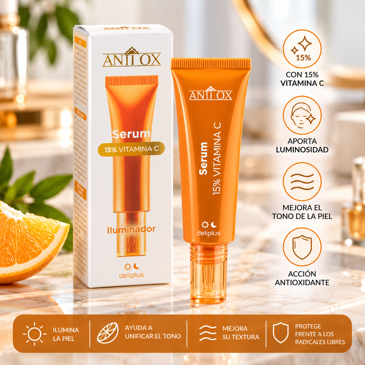 Deliplus Anti Ox illuminating facial serum with 15% vitamin C | Bottle 30 ml