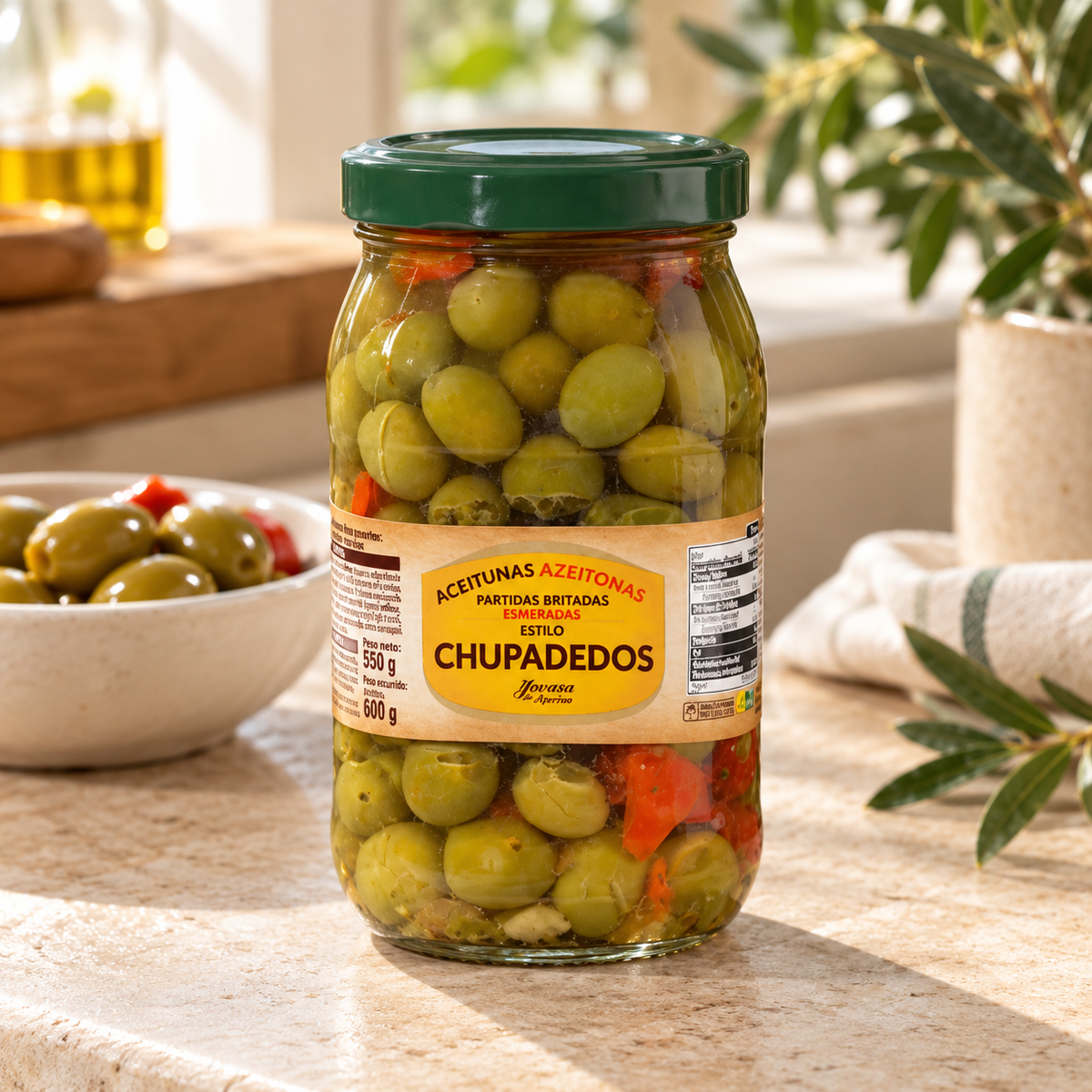 Huerta de Barros Chupadedos Cracked Seasoned Green Olives | Jar 980 g (600 g drained)