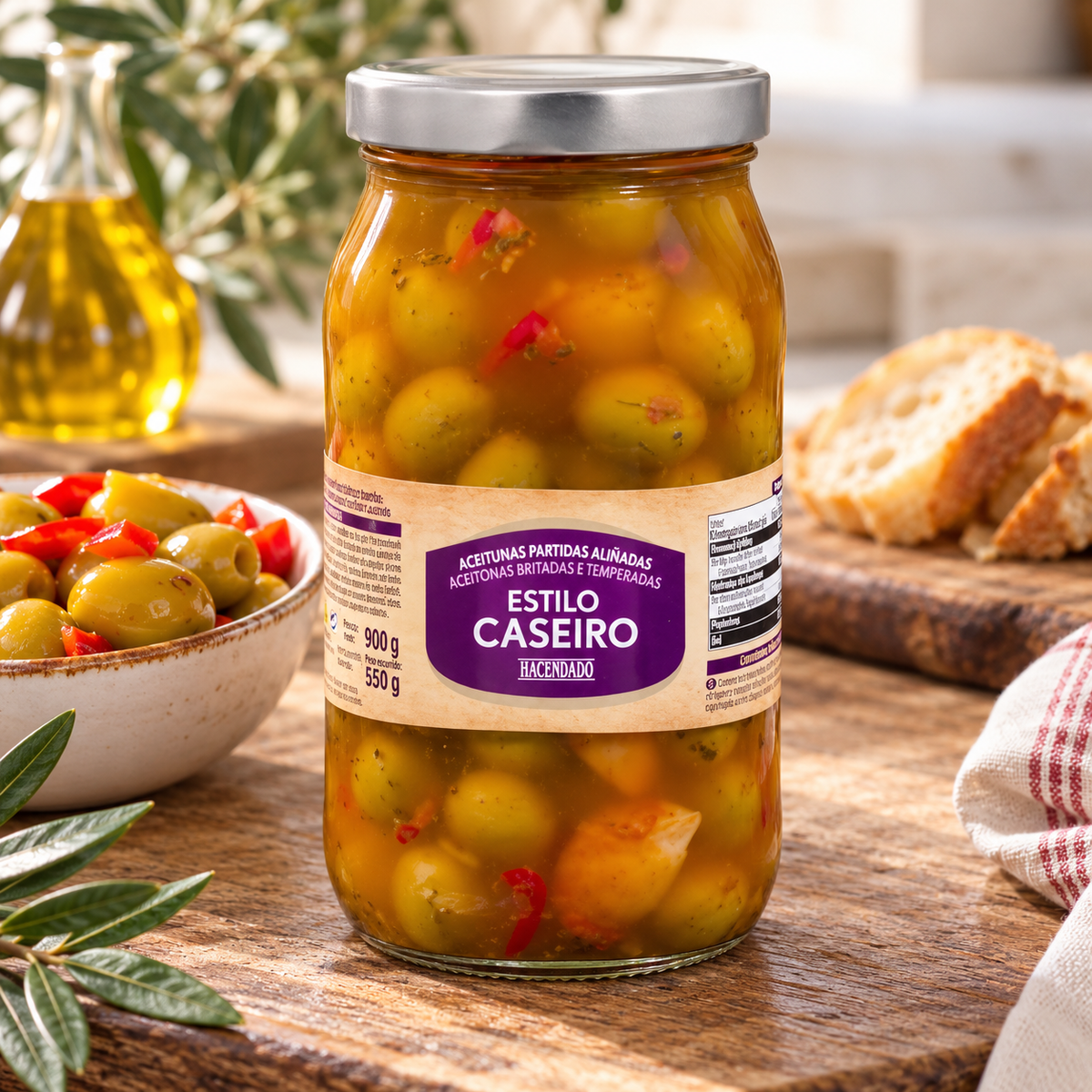 Olives vertes style maison Hacendado fendues et assaisonnées | Pot 960 g (550 g égouttés)