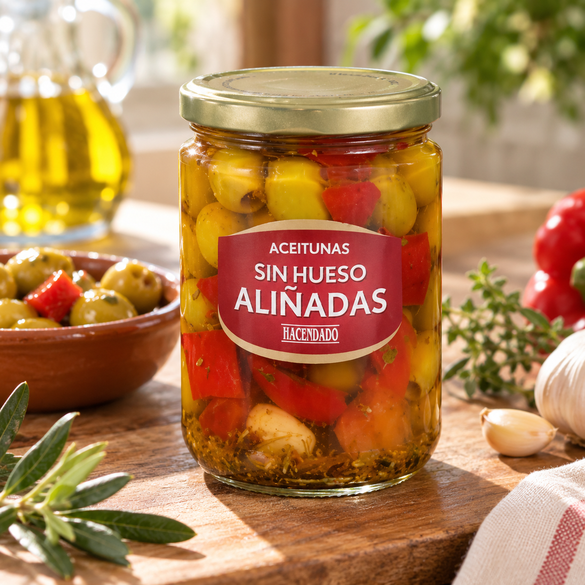 Aceitunas verdes sin hueso aliñadas Hacendado | Tarro 420 Gramos