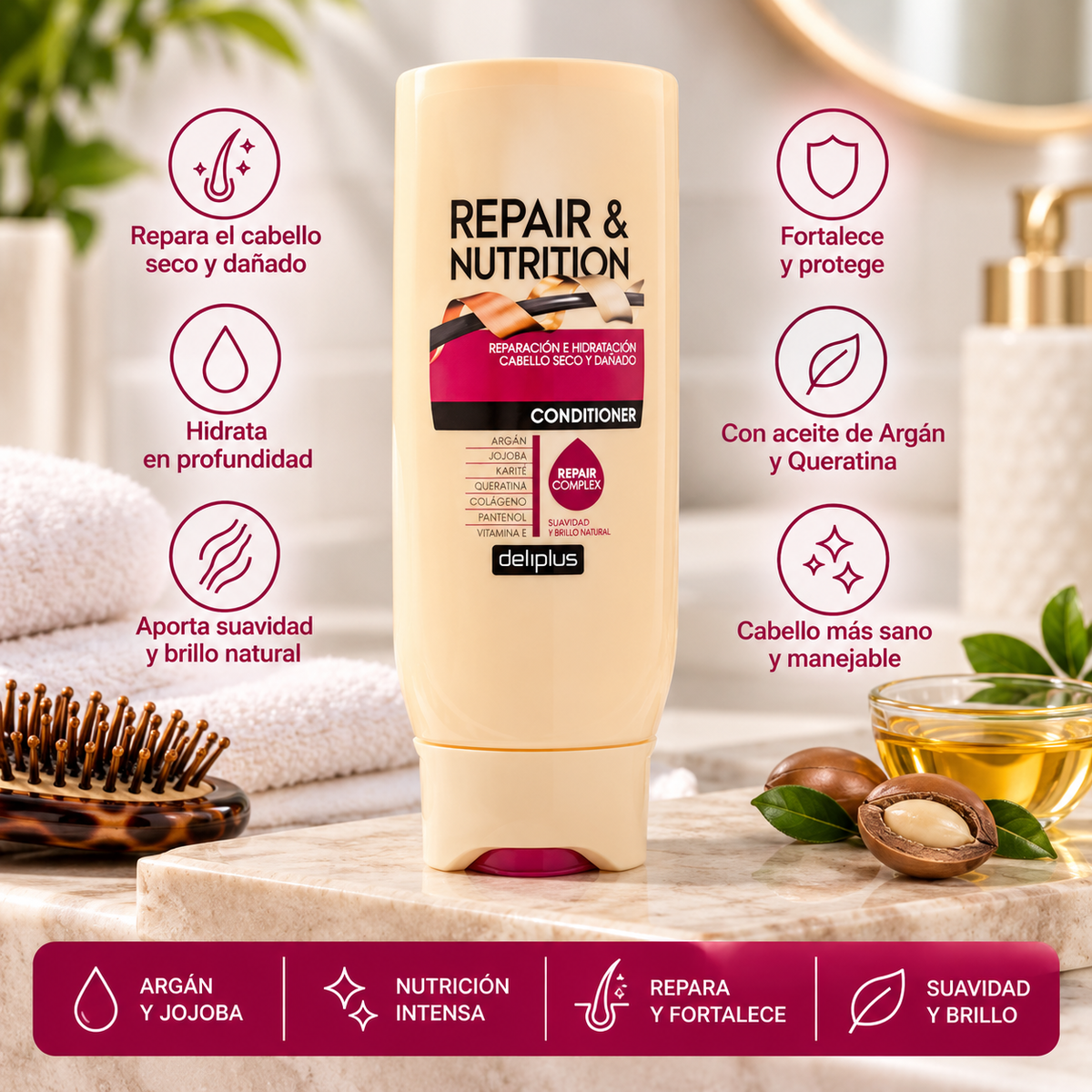 Deliplus Repair & Nutrition conditioner voor droog en beschadigd haar met 8 herstellende bestanddelen met verstuiver | Fles 400 ml