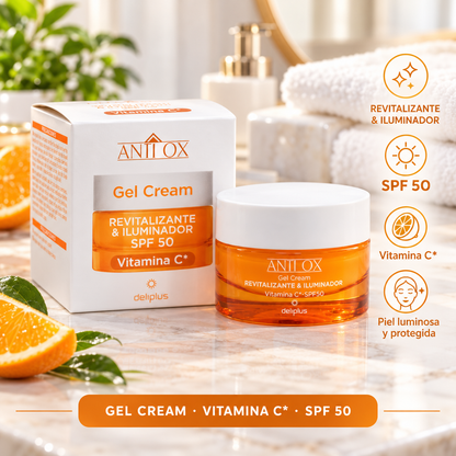 Deliplus Anti Ox Revitalising & Brightening Gel Face Cream with SPF 50 and Vitamin C for normal, combination and oily skin | Jar 50 ml