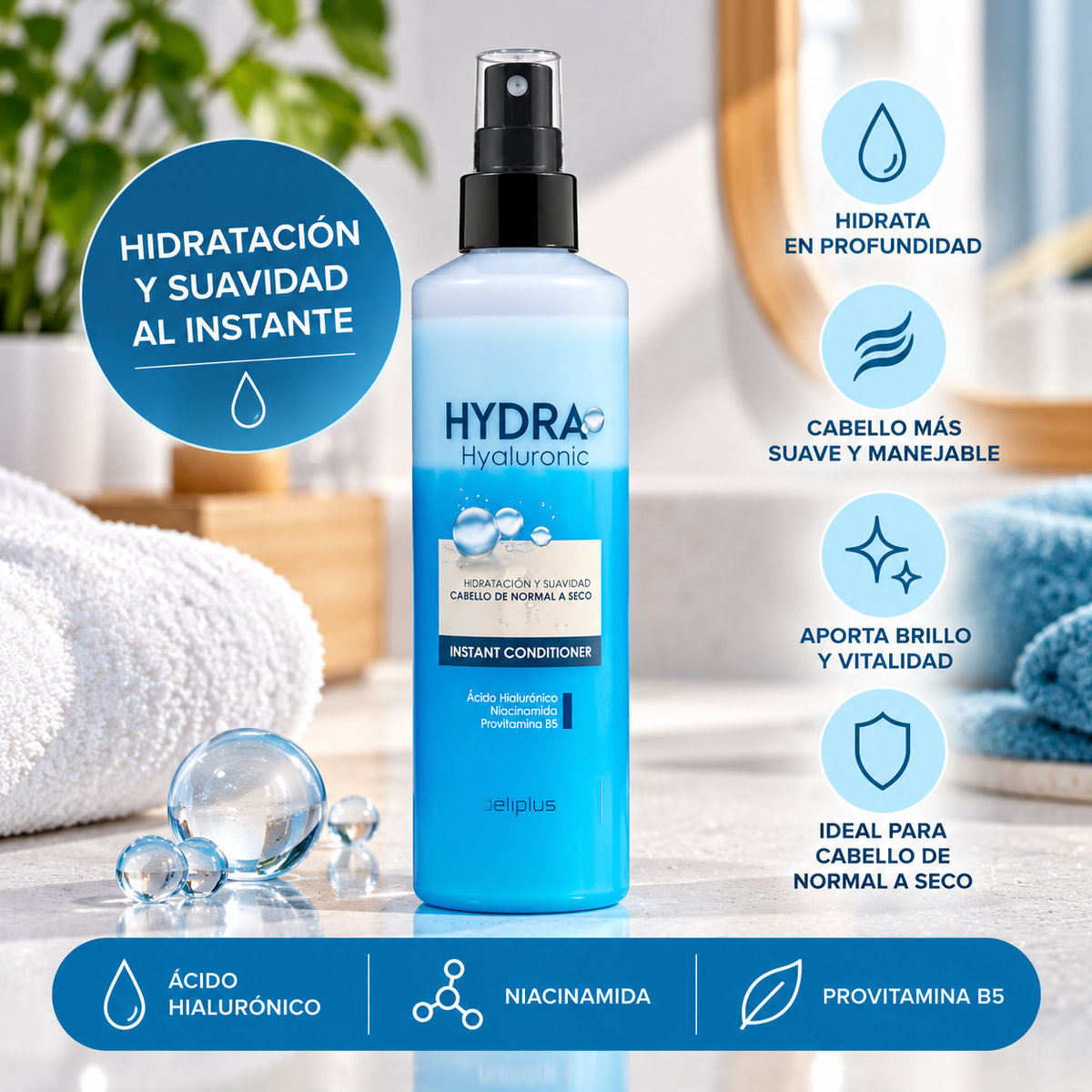 Balsamo istantaneo Hydra hyaluronic Deliplus per capelli da normali a secchi con acido ialuronico, niacinamide e provitamina B5 | Flacone 250 ml