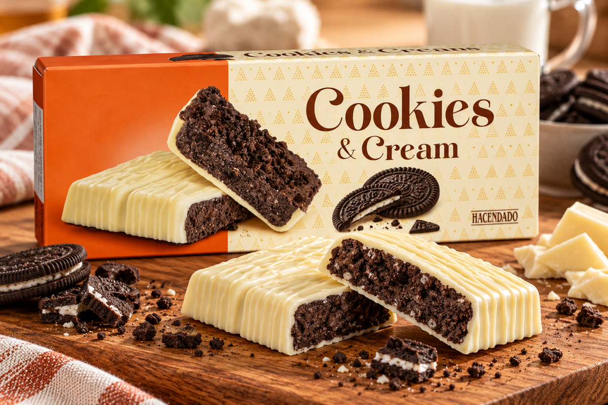Turrón chocolate blanco Cookies & Cream Hacendado relleno de crema de galletas y cacao | Tableta 150 g
