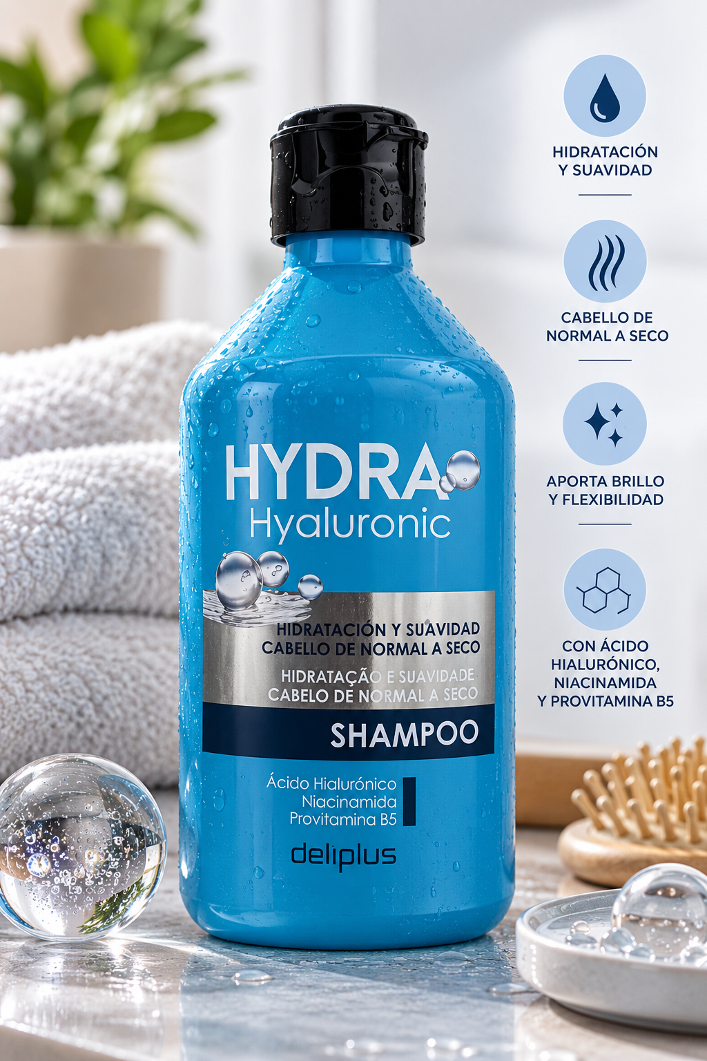 Deliplus Hydra Hyaluronic Shampoo für normales bis trockenes Haar mit Hyaluronsäure, Niacinamid und Provitamin B5 | 400-ml-Flasche