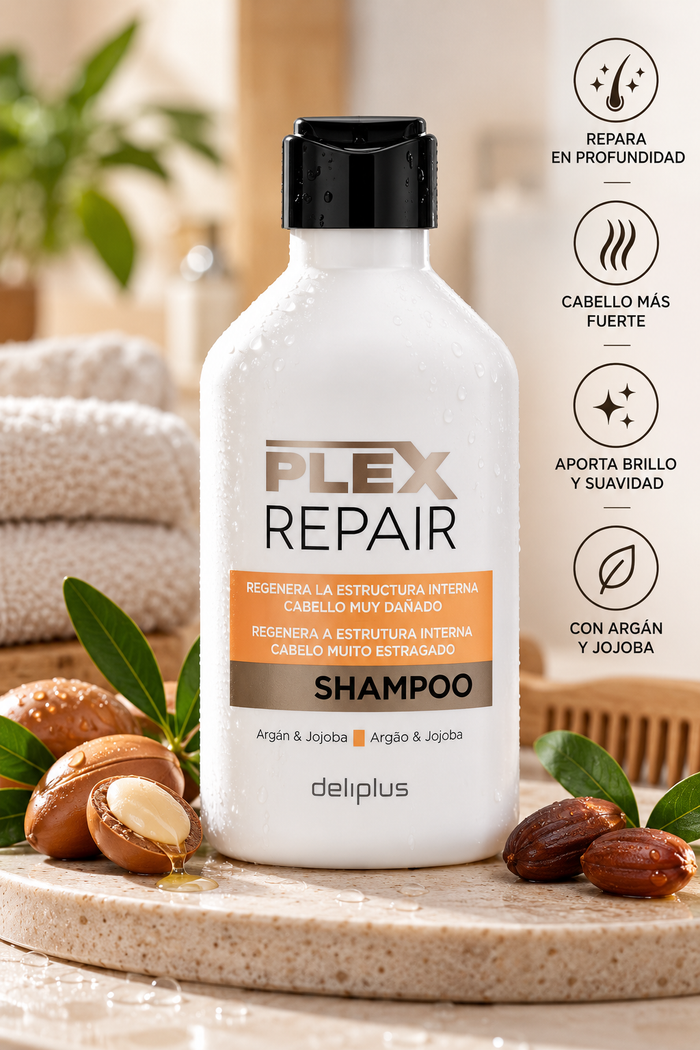 Deliplus Plex Repair Shampoo für stark geschädigtes Haar mit Argan und Jojoba | 400 ml Flasche