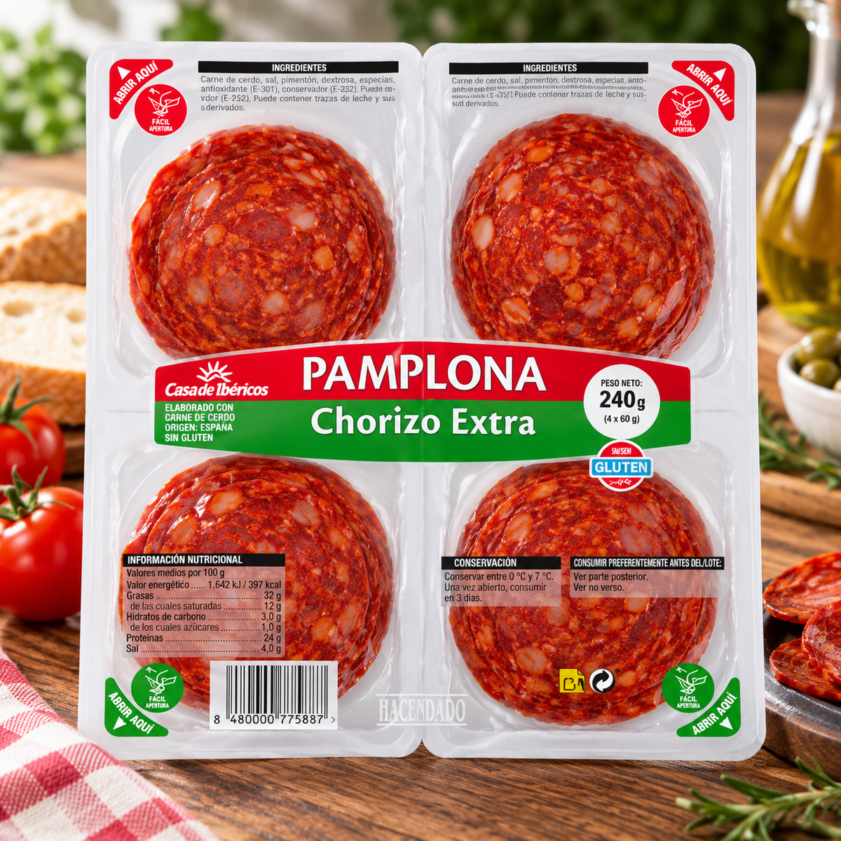Chorizo Pamplona extra Hacendado lonchas | 4 paquetes x 60 Gramos