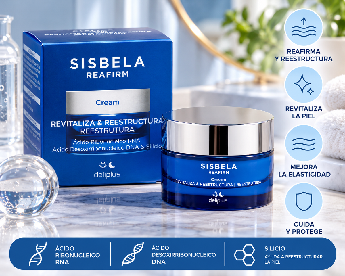 Crème visage Revitaliza y Reestructura Sisbela Reafirm Deliplus avec acide ribonucléique (ARN), acide désoxyribonucléique (ADN) et silicium, pour tous types de peaux | Pot 50 ml

