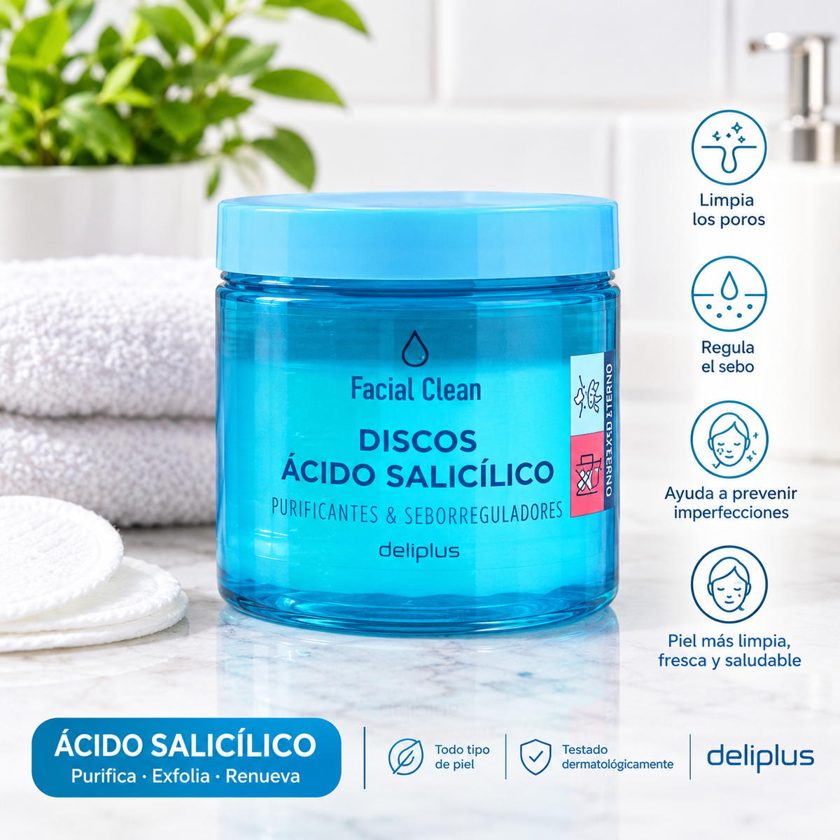 Discos ácido salicílico Deliplus Facial Clean purificantes y seborreguladores piel grasa y acneica | Tarro 50 discos