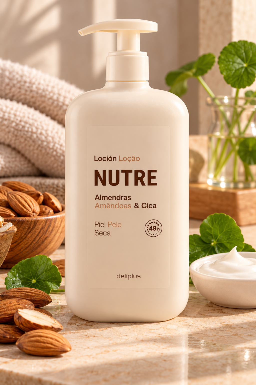 Deliplus nährende Körperlotion Mandel & Cica für trockene Haut | 600 ml Flasche