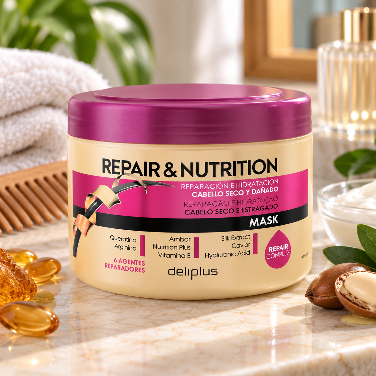 Маска за коса Repair & Nutrition Deliplus за суха и изтощена коса с 8 възстановяващи агента | Буркан 400 мл
