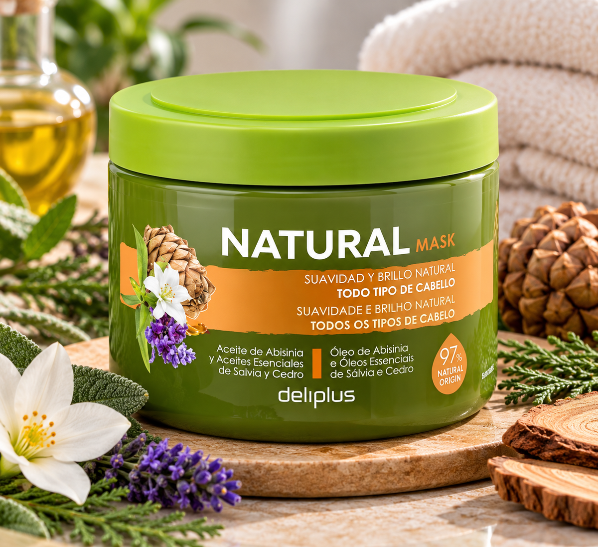 Mascarilla Natural Deliplus todo tipo de cabello con aceite de abisinia y aceites esenciales de salvia y cedro 97% origen natural | Tarro 400 ml