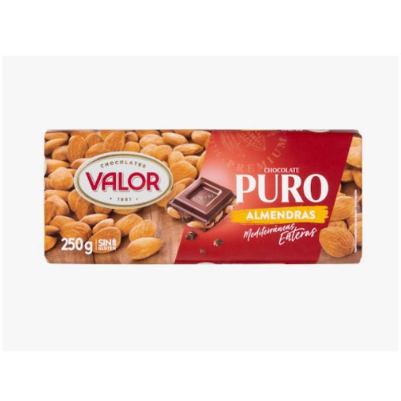 Chocolate puro Valor con almendras enteras Tableta 250 Gramos