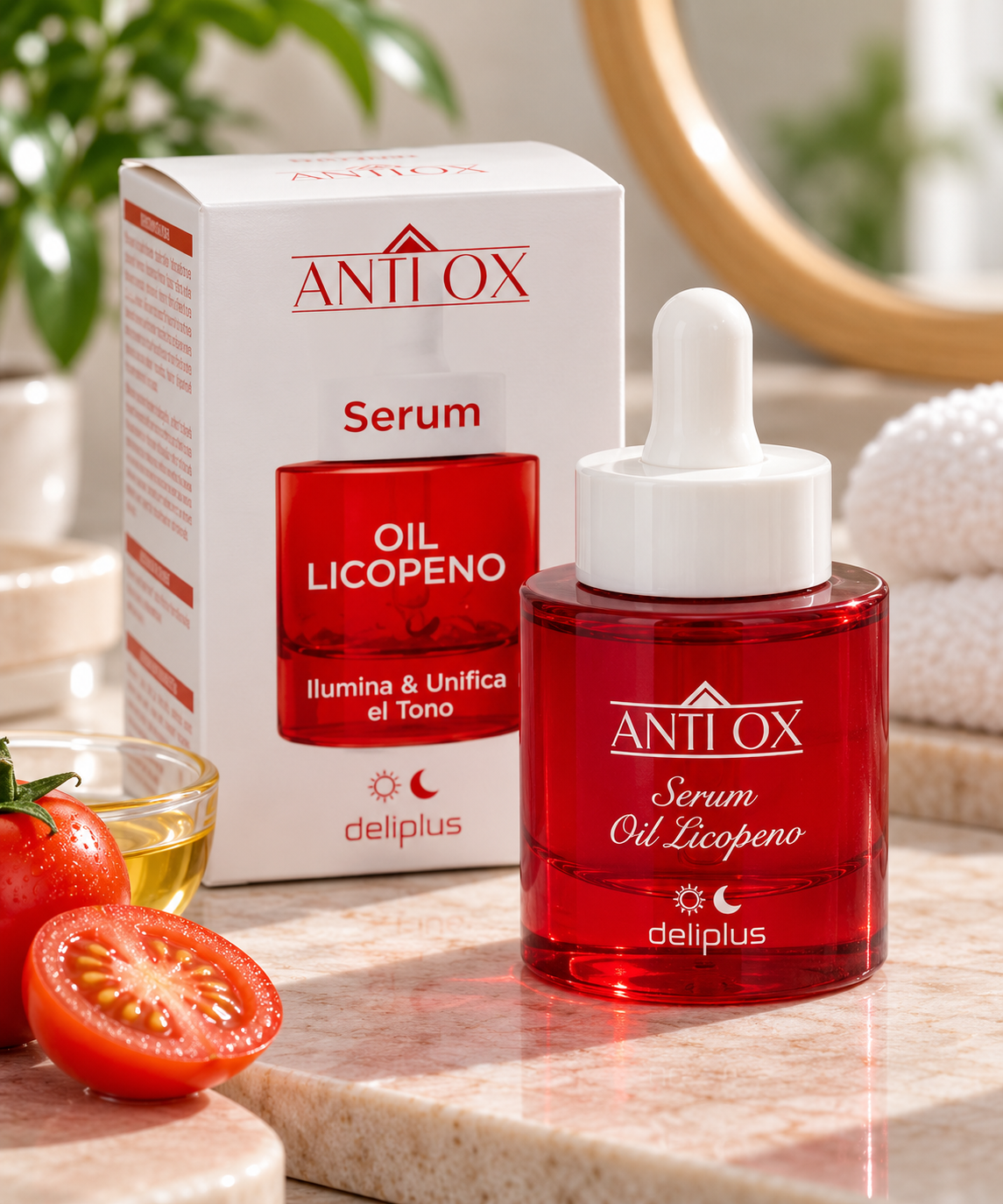 Siero viso all'olio di licopene Anti-ox illumina e uniforma tutti i tipi di pelle Deliplus | Flacone 30 ml