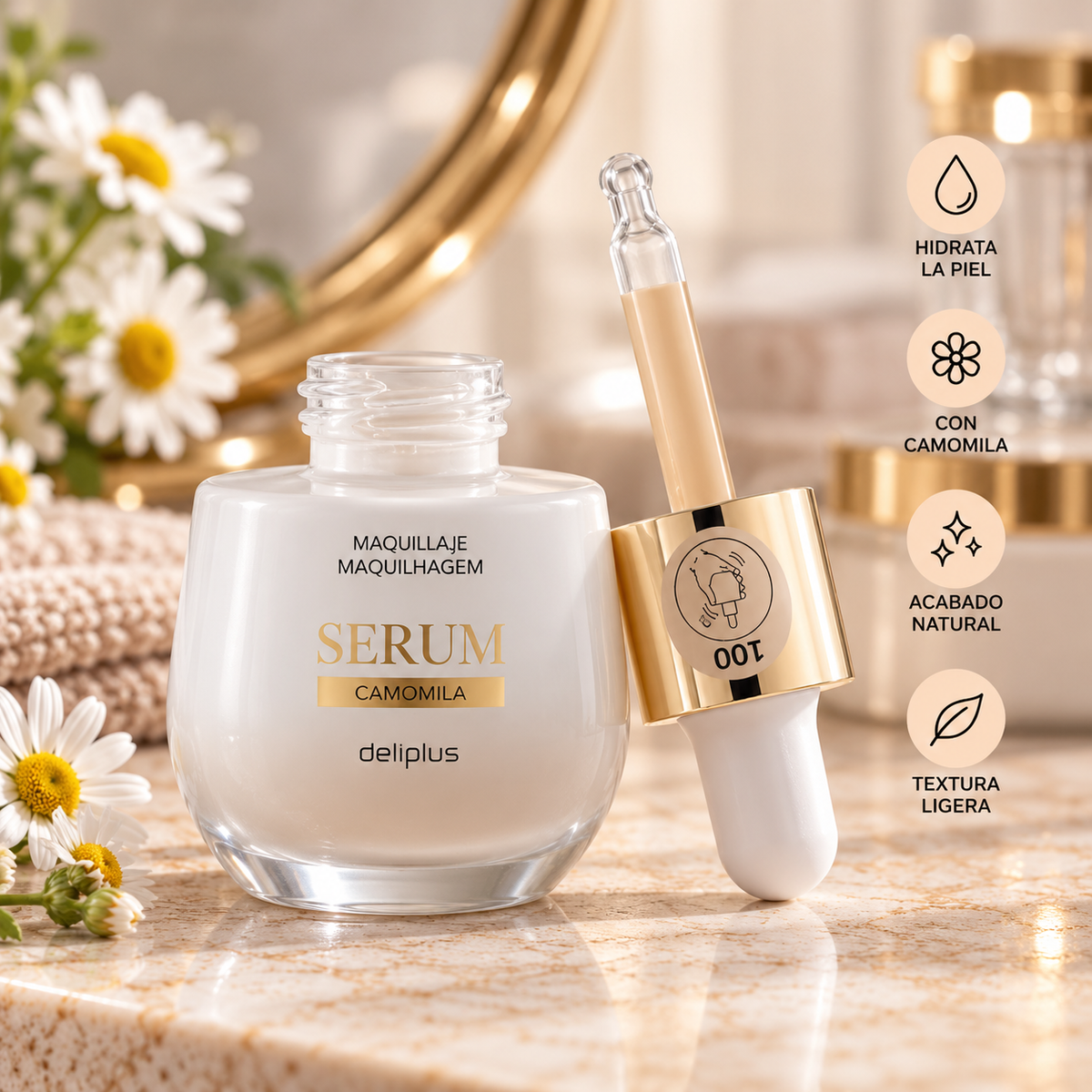 Fondotinta siero camomilla Deliplus finish luminoso | Flacone 28 ml