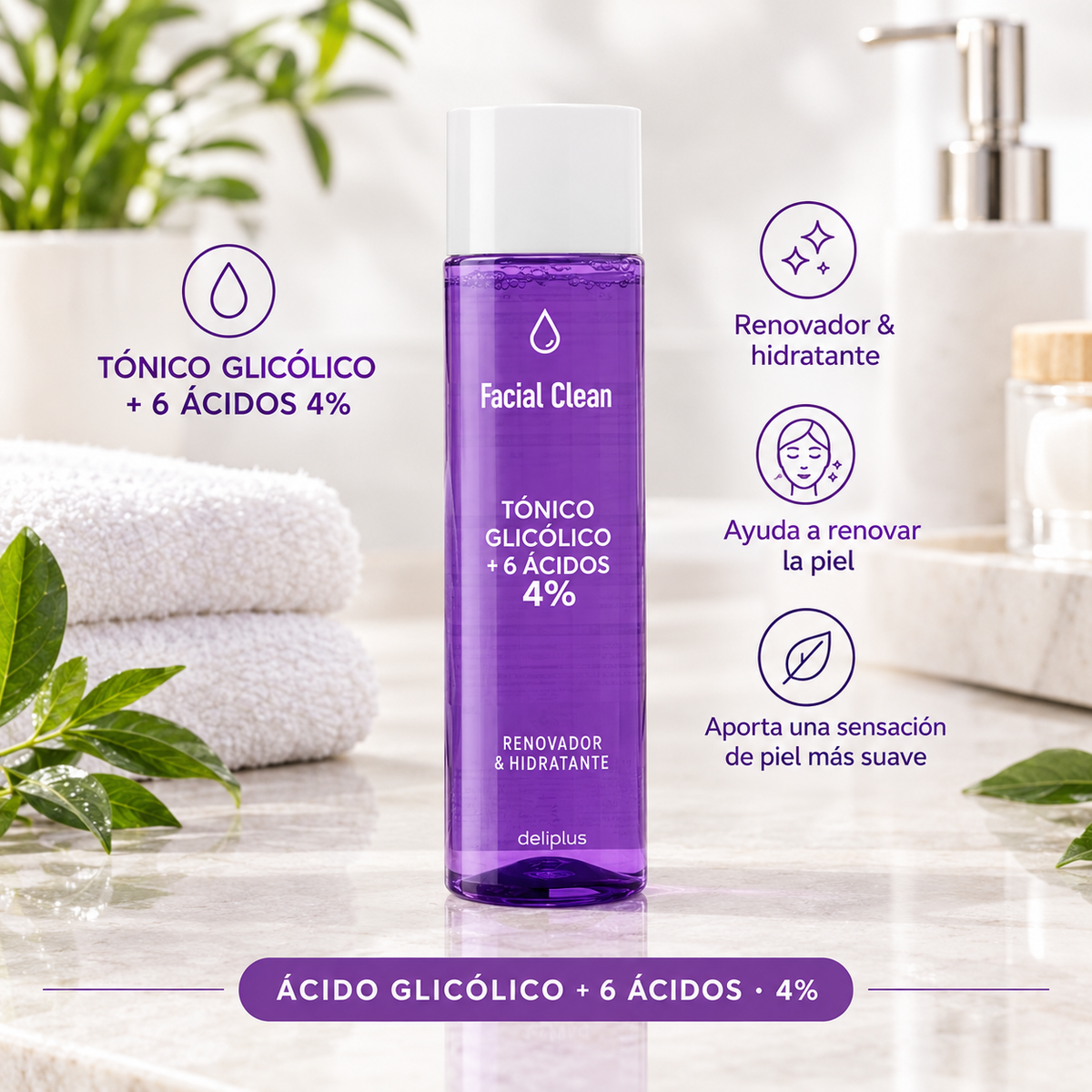 Гликолов тоник за лице + 6 киселини 4% Facial Clean, обновяващ и хидратиращ, за всеки тип кожа Deliplus | Опаковка 255 мл