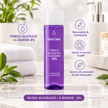 Гликолов тоник за лице + 6 киселини 4% Facial Clean, обновяващ и хидратиращ, за всеки тип кожа Deliplus | Опаковка 255 мл